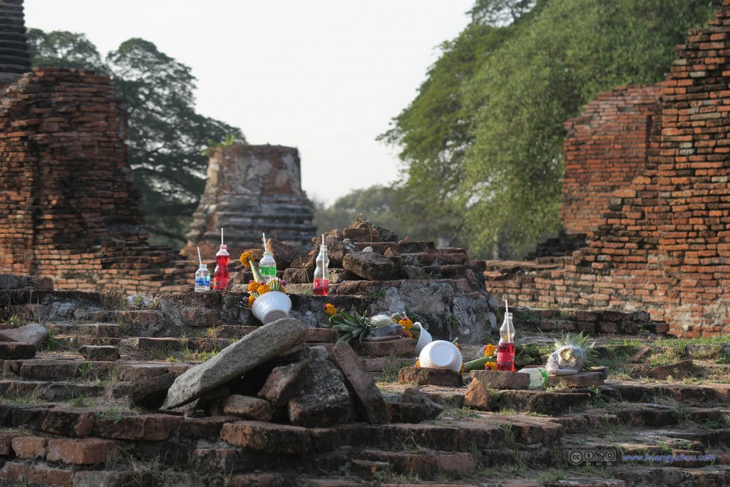 Wat Phra Si Sanphet内，猜测是今人的贡品，居然很贴心地为饮料提供的吸管