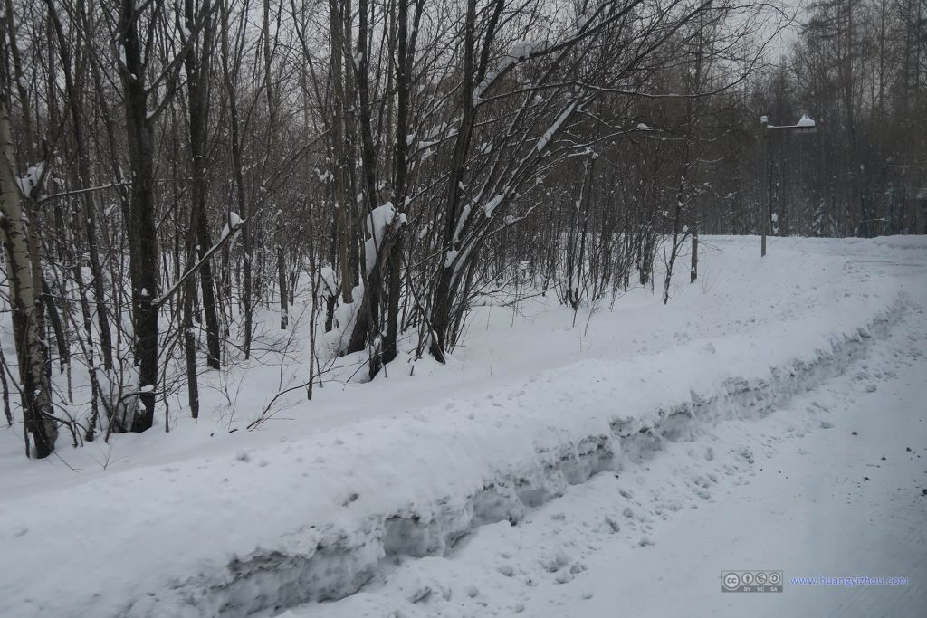 估计这景区的路要扫雪也是随便把雪向旁边一推，加上本身降雪量就大，这路边的积雪已经盖过防护栏了